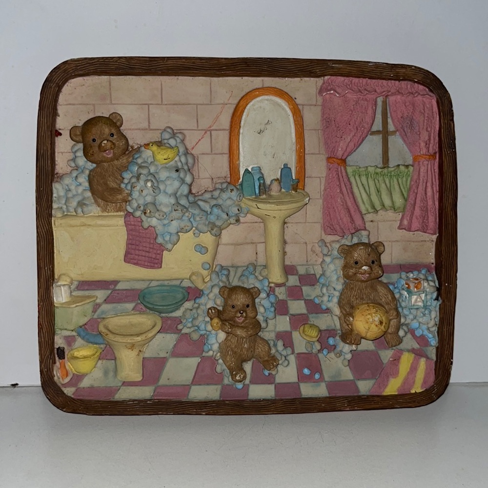 Vintage Teddy Bear Bathing Ceramic Wall Plaque 3D Textured - Picture 2 of 7